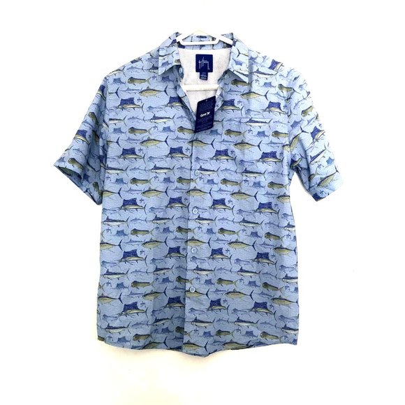 NEW Guy Harvey's Performance Fishing Blue Sport Button Down Shirt Mens Small - Picture 2 of 3